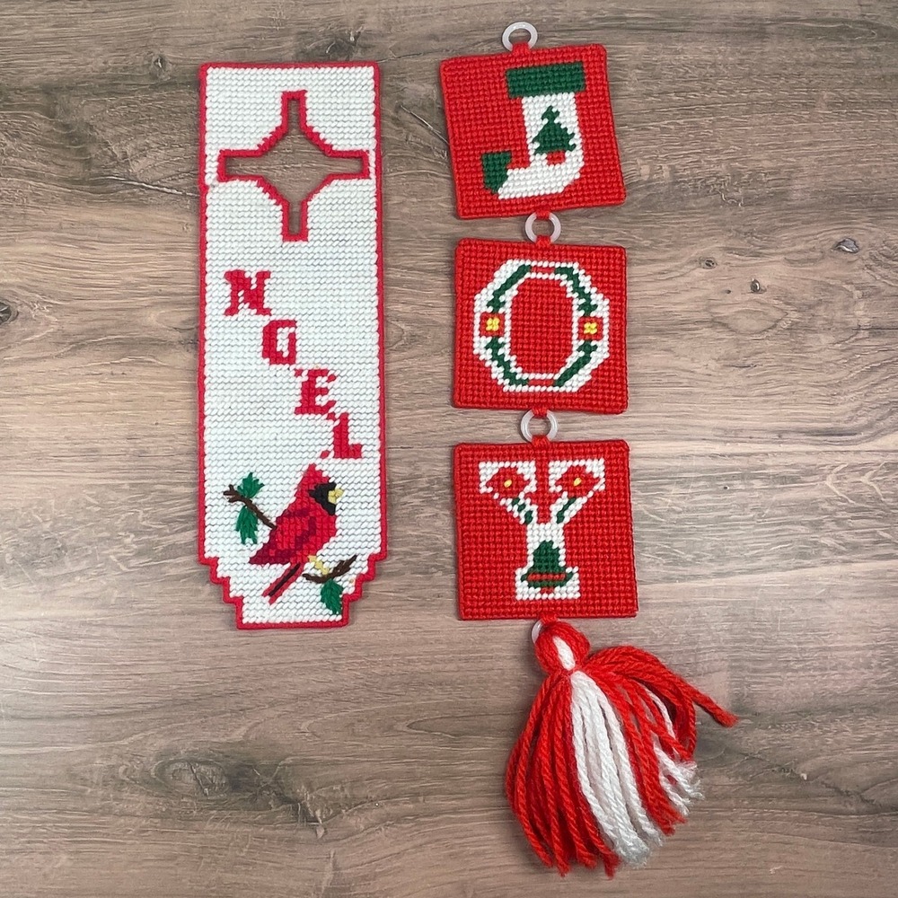 Vintage Christmas JOY Wall Hanging Decor Needlepoint Cardinal Noel Holiday